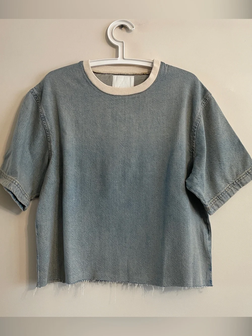 Zara Denim Short Sleeve Top Size S NWT Raw Hem Cotton Lyocell